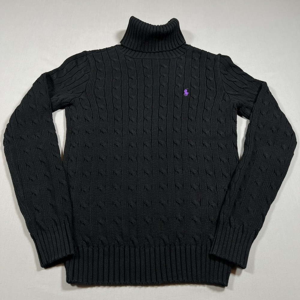 Ralph Lauren Sport Women's Black 100% Cotton Cable Knit Turtleneck Sweater M